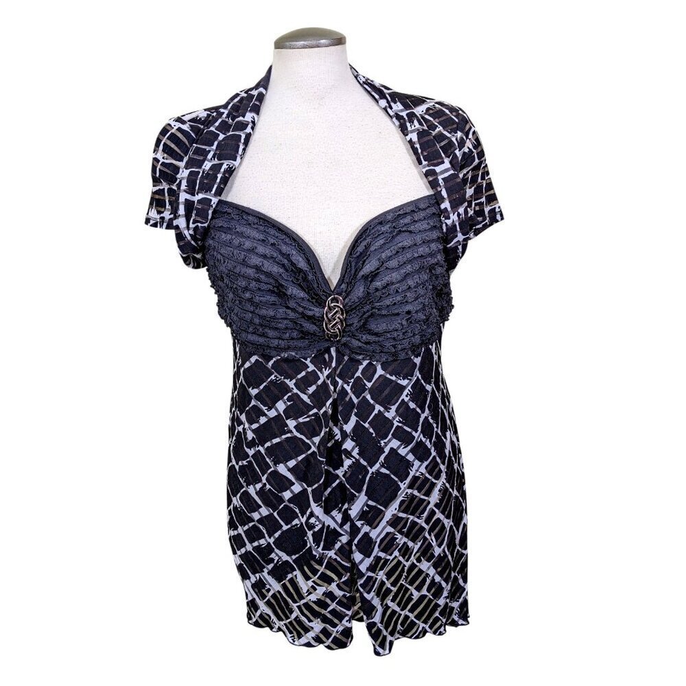 Joseph Ribkoff Vintage 90s Womens XL Black White Babydoll Cap Sleeve Top Blouse